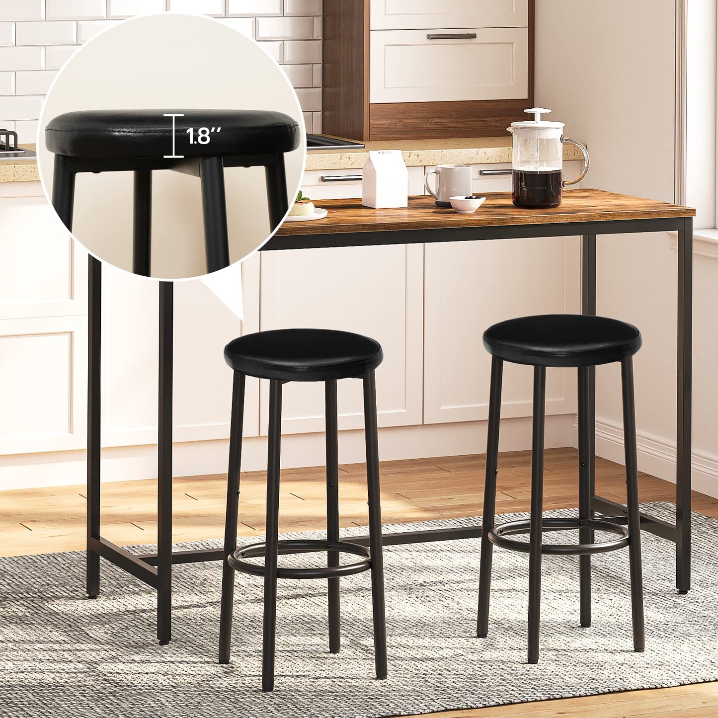 HOOBRO Bar Stools, Set of 2 Bar Chairs, 31 cm PU Upholstered Counter Bar Stools, Breakfast Stools with Footrest, Easy Assembly, for Kitchen, Dining Room, Cafe, Black BB30BY01