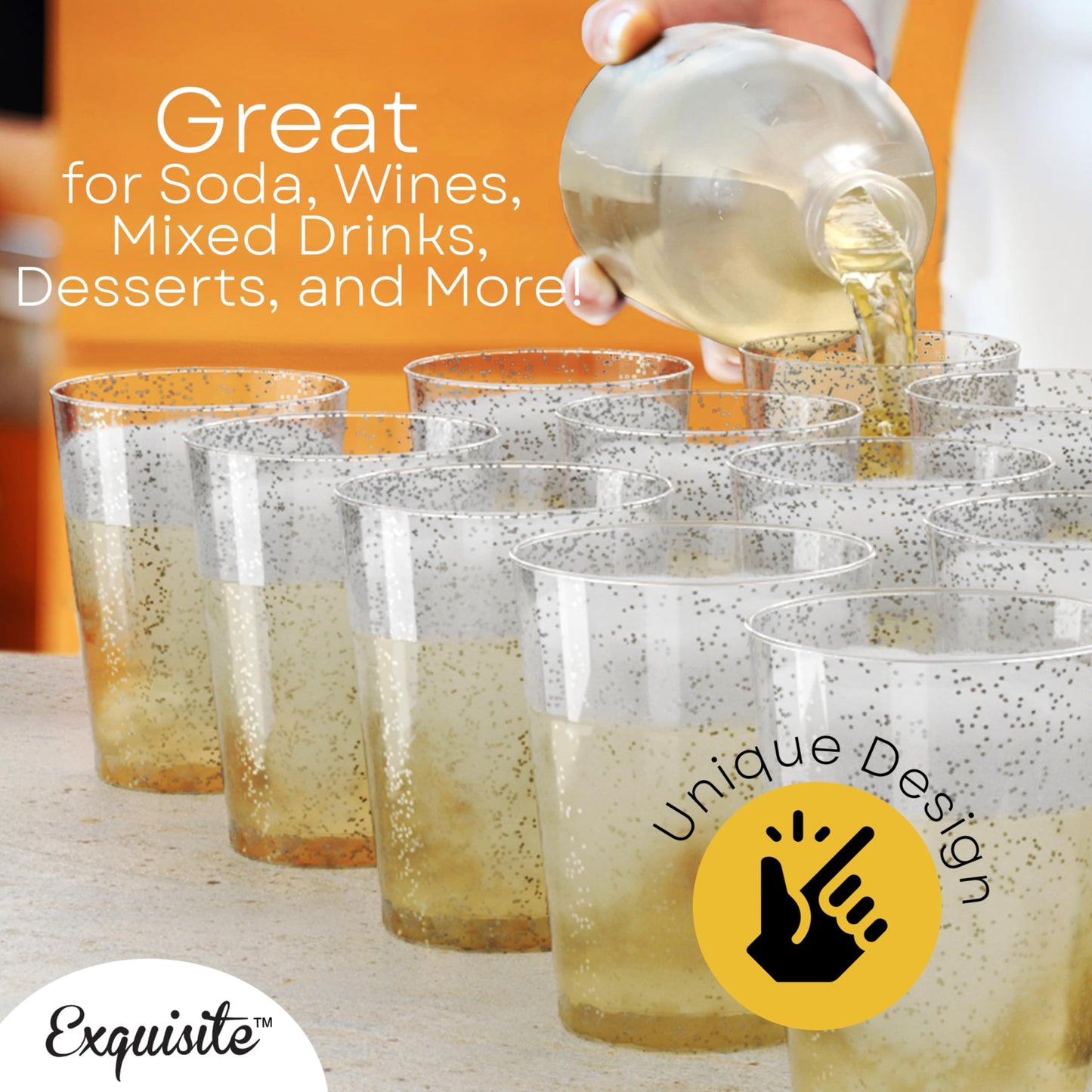 120 Count 10 oz Silver Glitter Clear Plastic Cups Tumblers - Hard Plastic Disposable Cups for Wedding Glasses - Plastic Party Cups for Cocktail Wine and More - Exquisite