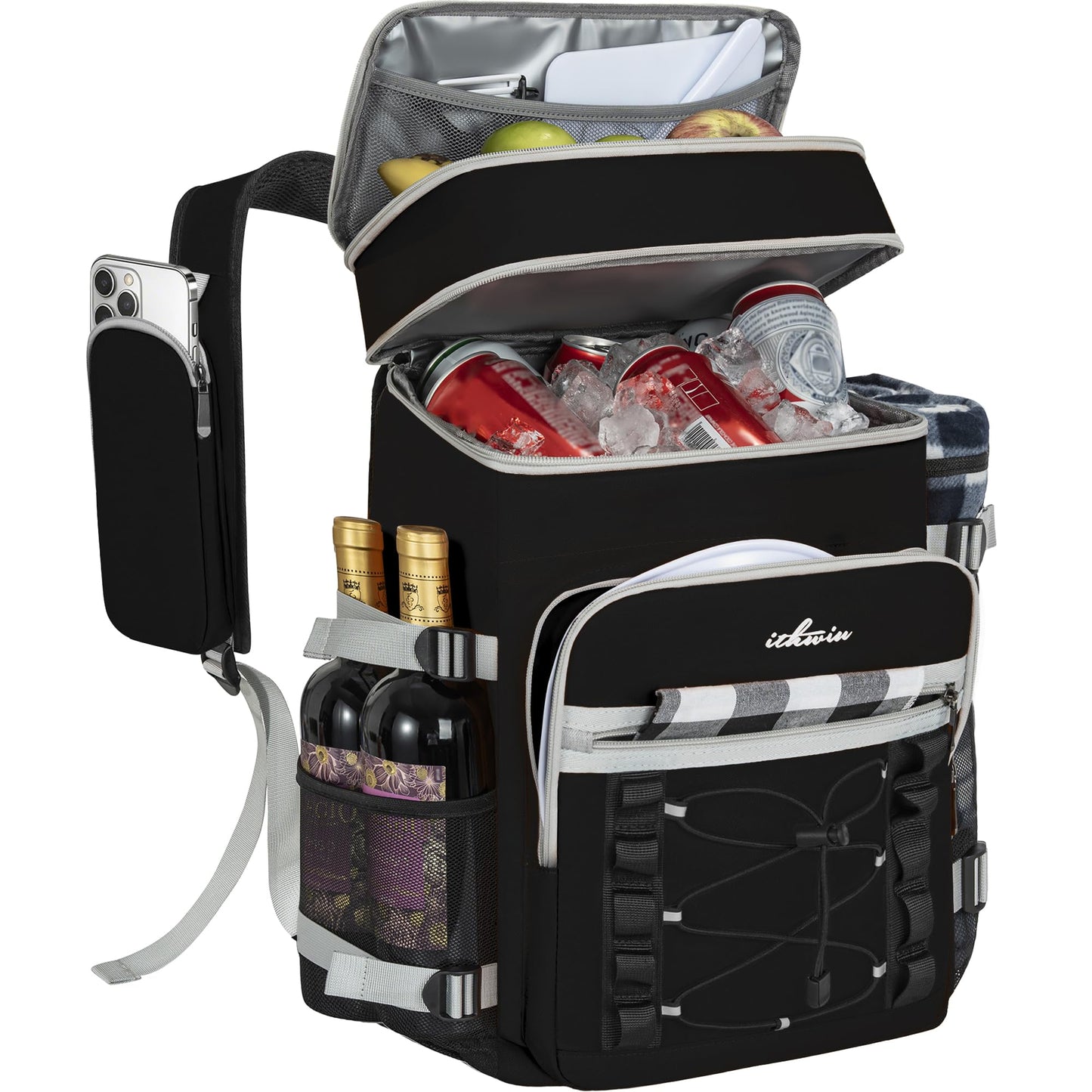 ITHWIU Insulated Cooler Backpack, 2 Insulated Compartments Thermal Bag, Large Leakproof Cooler Bag, Holds 40 Cans of Beverages for Camping Cooler Beach Travel Picnic(Black)