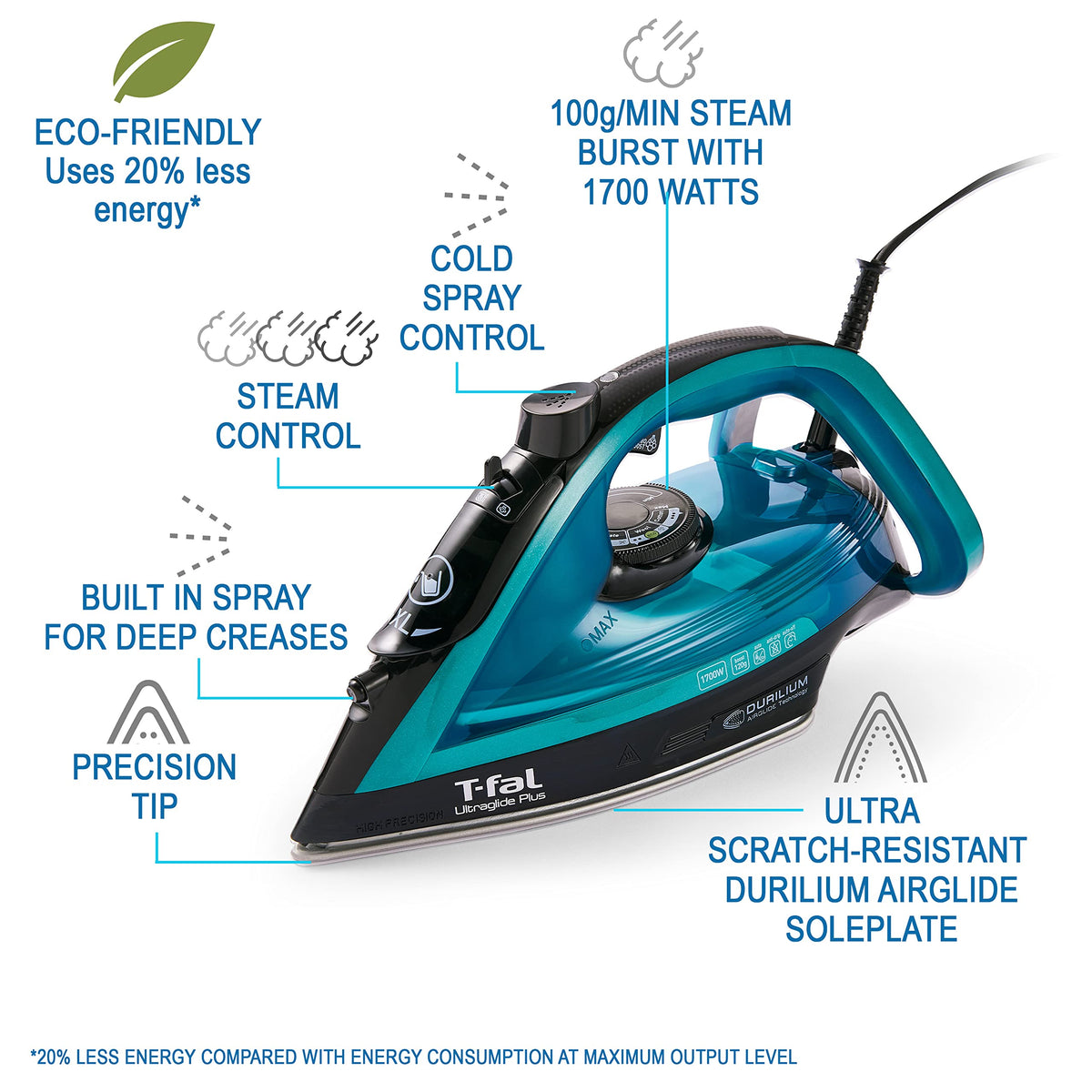 T-Fal Ultraglide Steam Iron for Clothes Durilium Soleplate, Precision Tip, Anti-Drip, Auto-Off 1800 Watts Ironing, Steaming