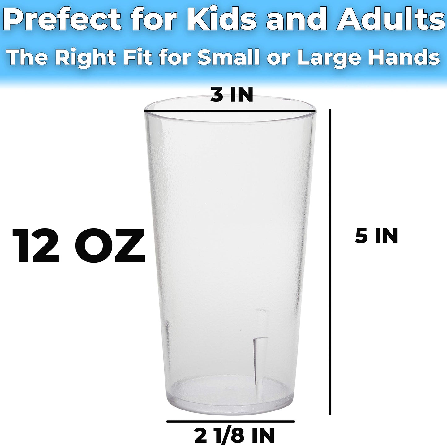 Restaurant Grade, BPA-Free 12oz Clear Plastic Cups 24pk. Super Durable, Break Resistant Drinking Glasses for Cafe, Party, Catering. Reusable, Stackable Tumblers with Textured Grip Design