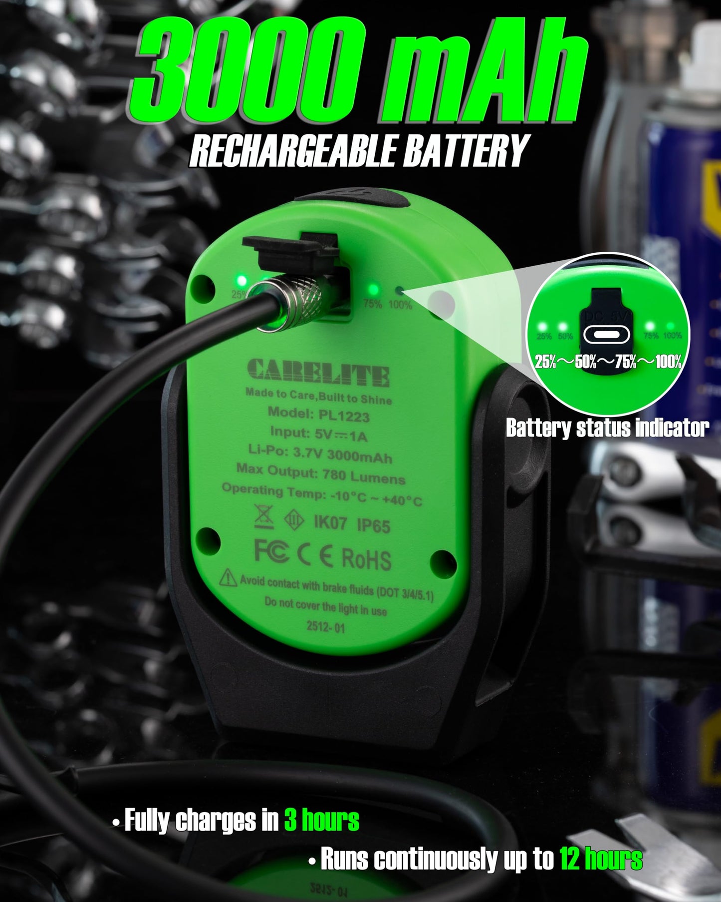 CARELITE Magnetic Work Light – 780 Lumen Compact Pocket Light, Rechargeable 3000mAh, 360° Pivot, Durable & Portable for Mechanics & Jobsites (Green, 1 Pack)