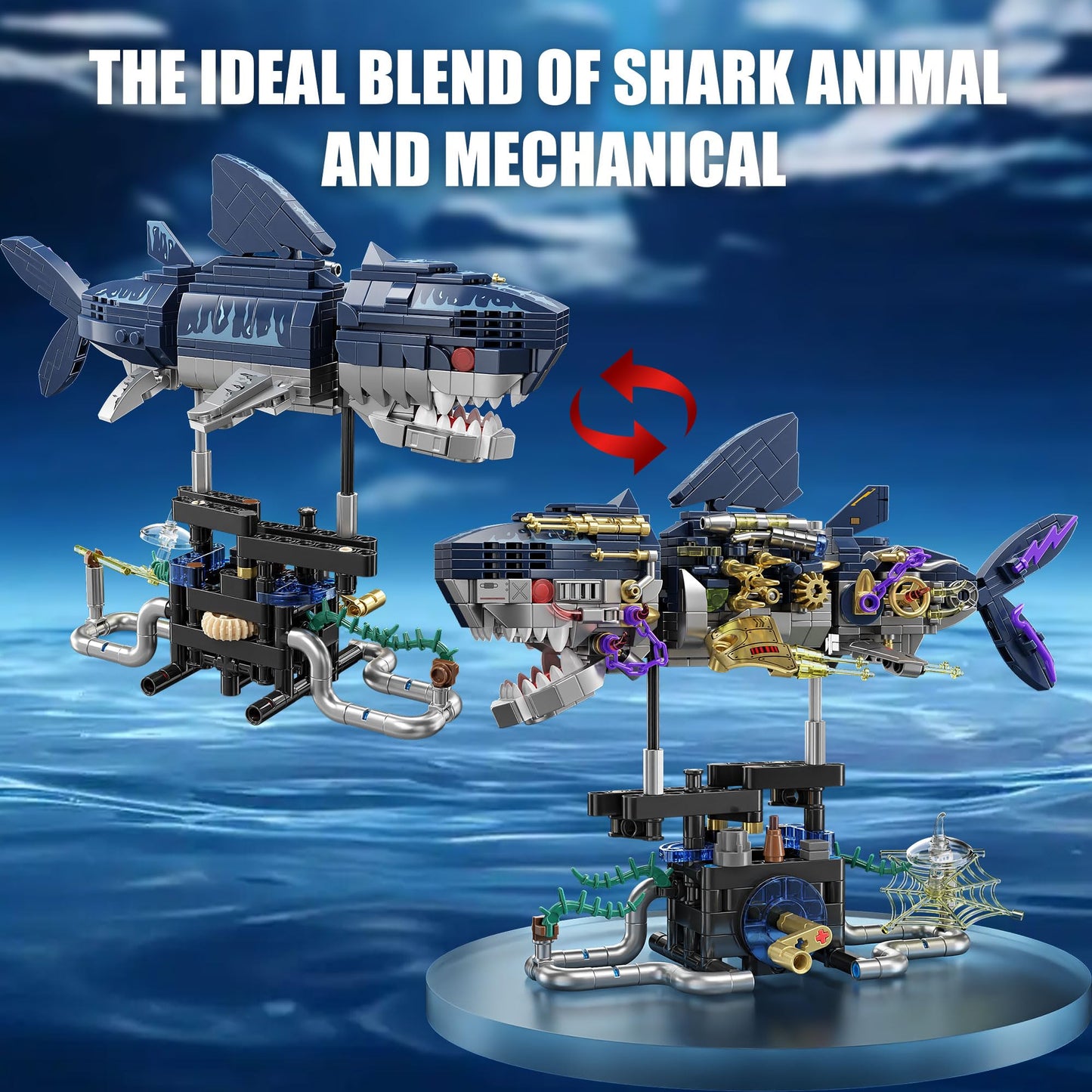 TYCOLE Mechanical Shark Building Set,Sea Animal Toy Kit with Rotatable Function and Display Stand,Creative STEM Toy,Christmas Birthday Gift for Adults and Kids 8-12(699PCS)