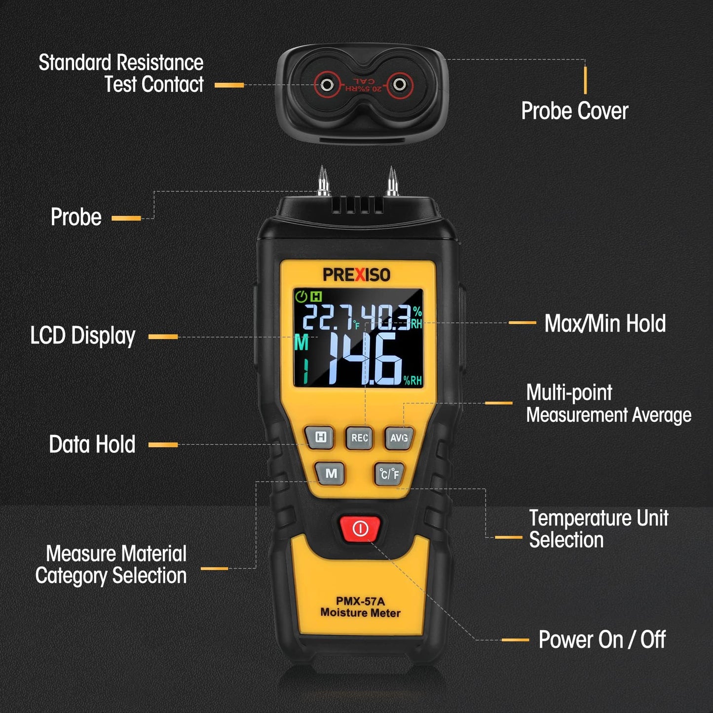 PREXISO Wood Moisture Meter, 7 in 1 Digital Humidity Detector for Lumber, Firewood, Walls, Drywall, Floor, Water Leak Detector, High-Precision Pin Moisture Meter