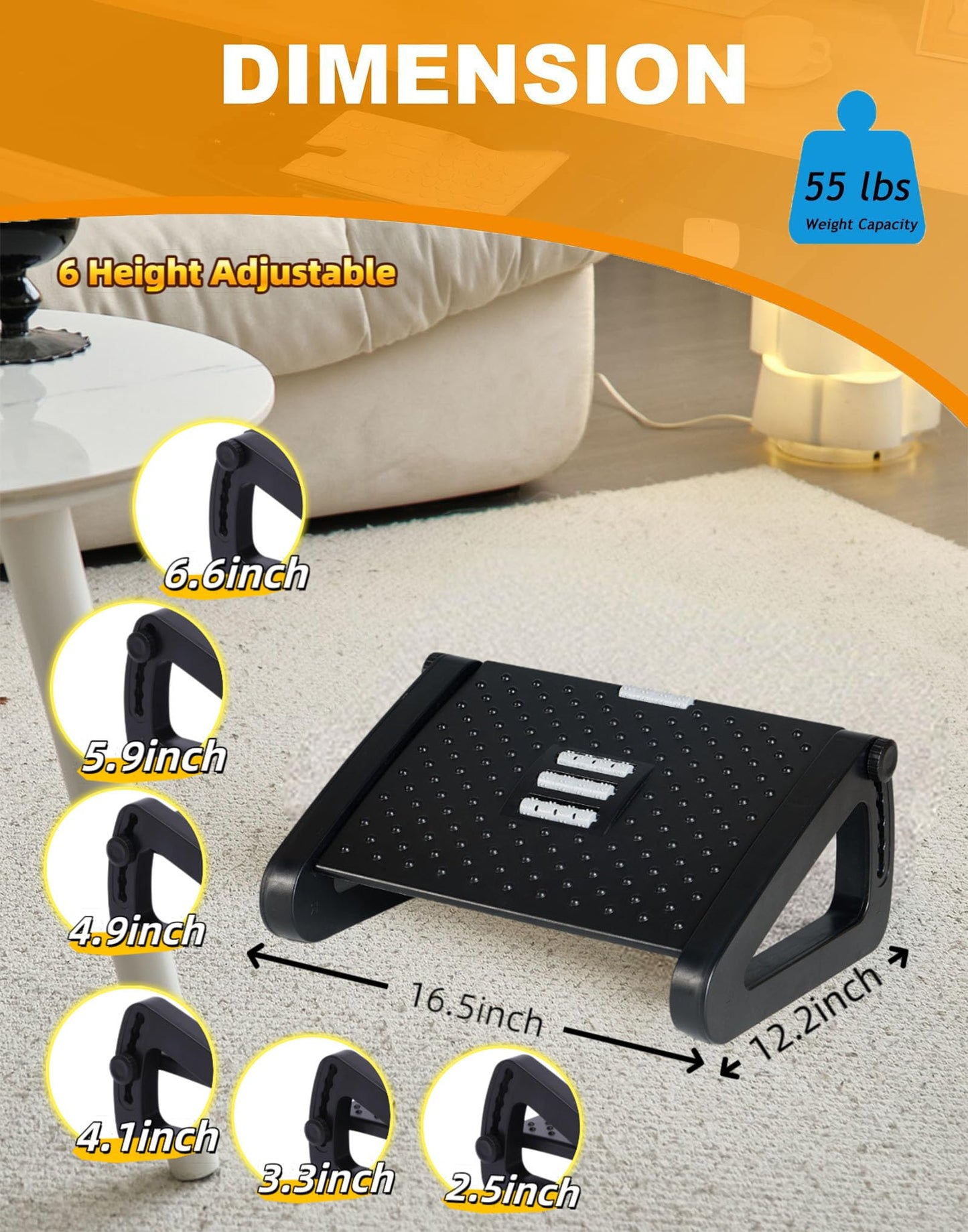Ywbtflul Foot Rest for Under Desk at Work, Ergonomic 6 Heights Adjustable Footrest with Massage Roller, Portable Under Desk Foot Stool for Home,Office, Black