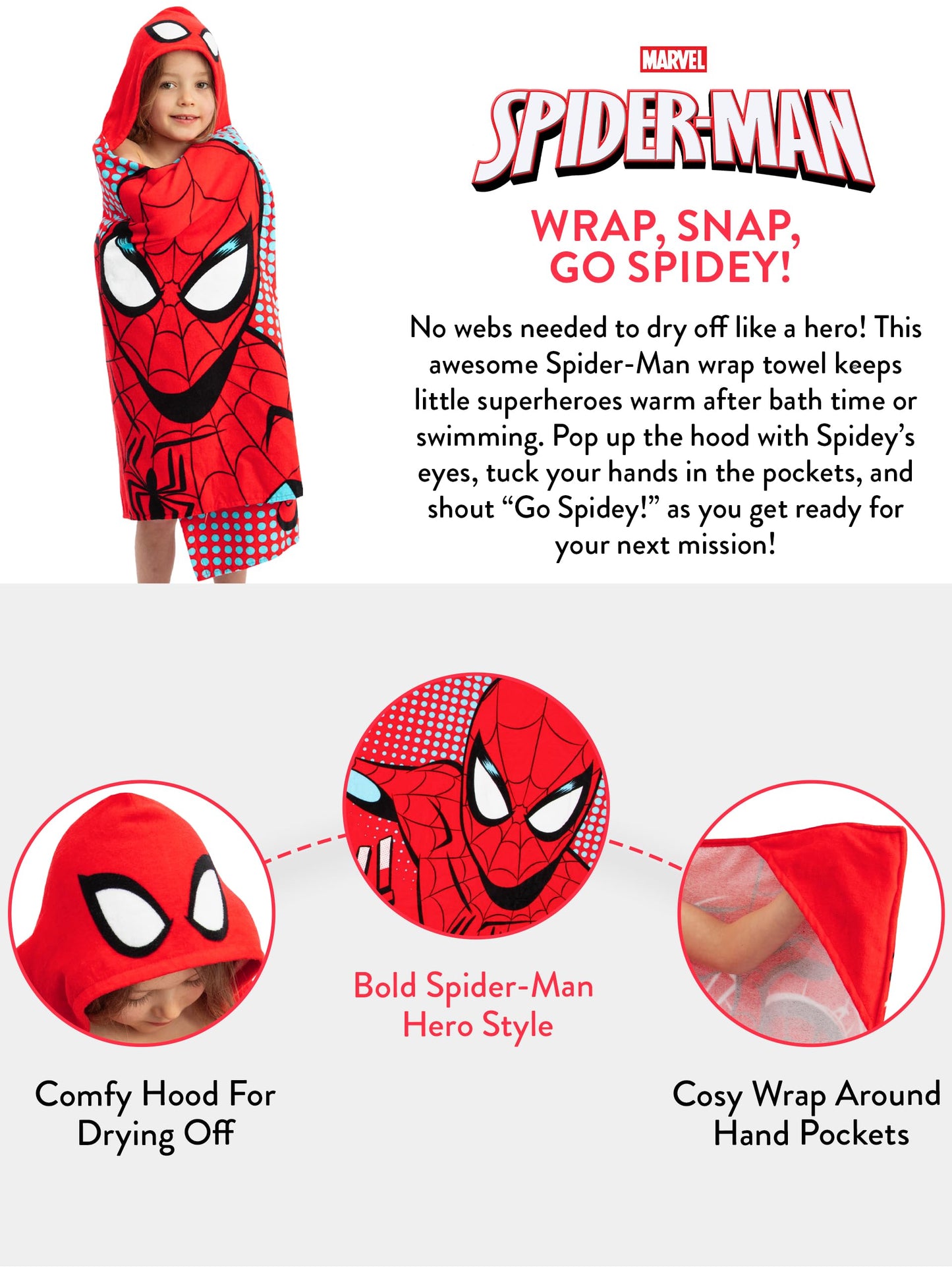 Marvel Spiderman Boys Beach Towel, Wearable Pool Swimming Towel, Wrap Hooded Towels for Kids, Kids Bath Towels, Red One Size