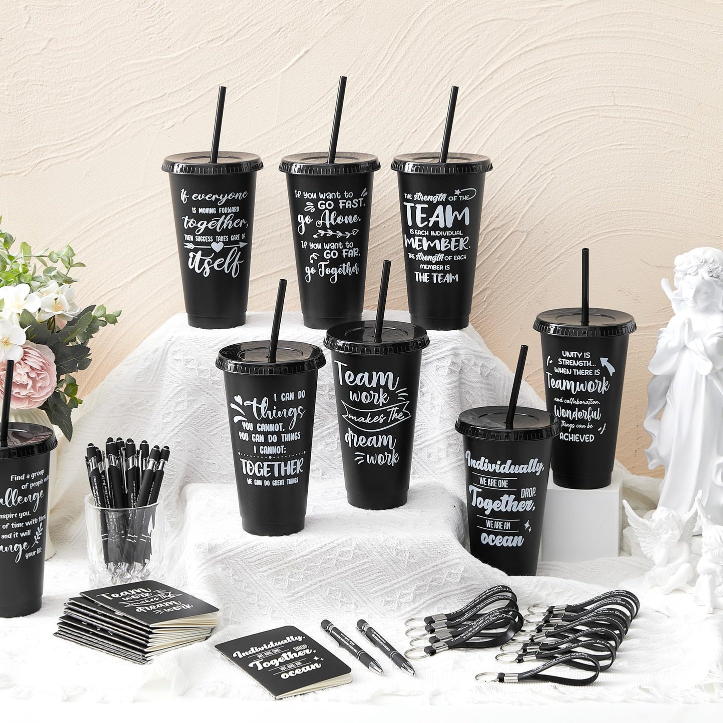 Hollowfly 48 Pcs Team Appreciation Gifts for Employee 24 oz Inspirational Plastic Cups Bulk with Lid and Straw Notebooks Ballpoint Pens Keychain Set Thanksgiving Christmas Gifts (Black)