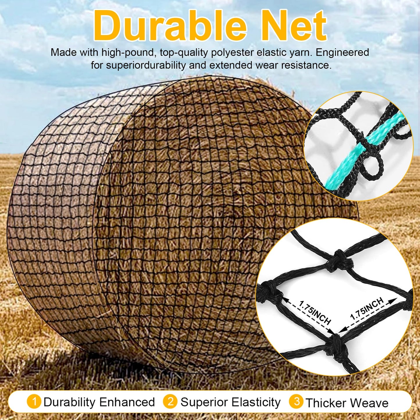 YUNPHDA Round Bale Hay Net, 5 * 5ft Feet Slow Feed Hay Net for Horses Livestocks Feeder with 1.75 Inch Holes, Holes Fits Round Bales 4x5, 5x5ft or Square Bales 3x3x8 (5 * 5ft)