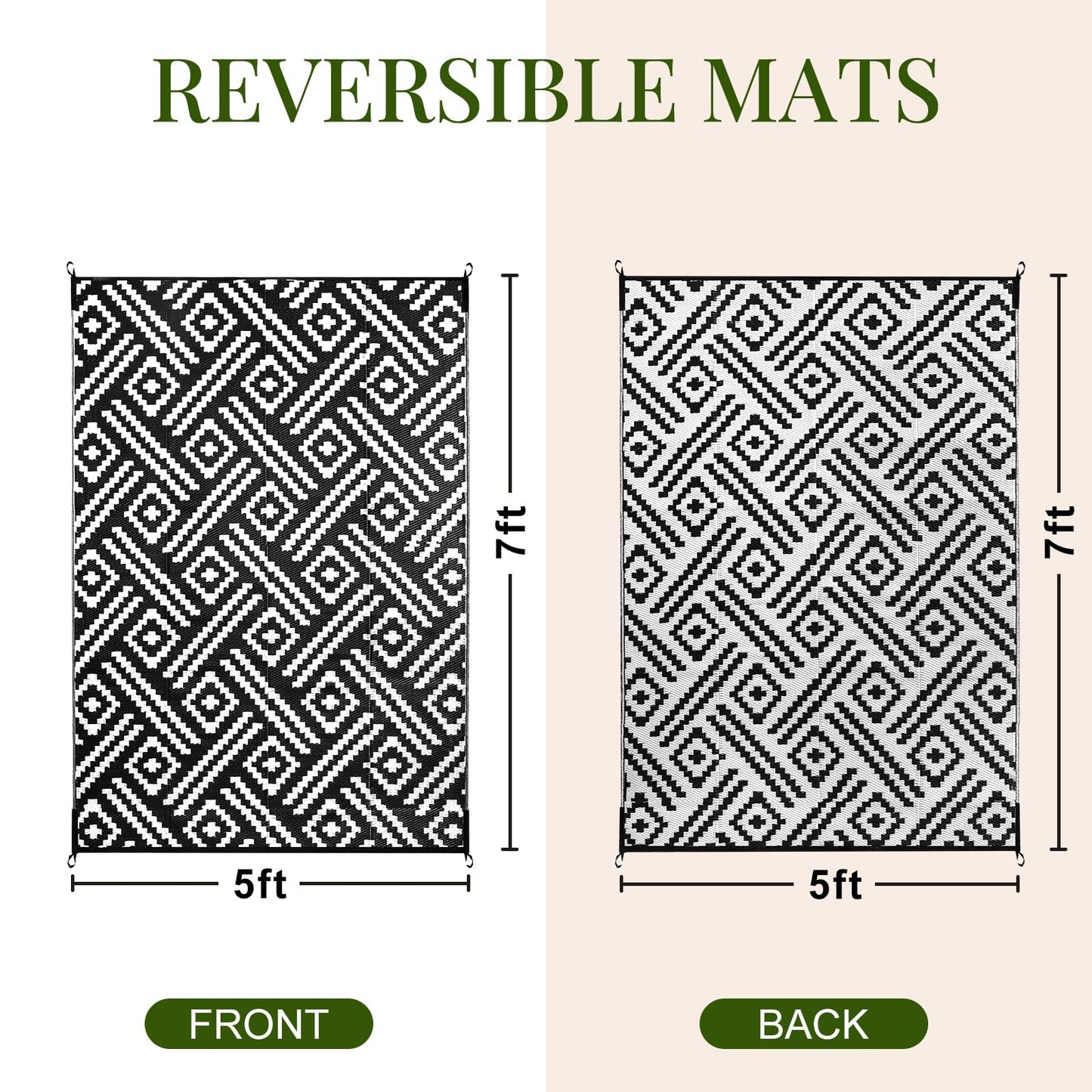 OPPODREAM Outdoor Rug 5x7 Ft, Waterproof Outdoor Plastic Straw Rug for Patio, Reversible Out Door Carpet for Camping, Deck, Rv, 5 x 7 Area Carpet Balcony, Porch, Backyard, Black and White