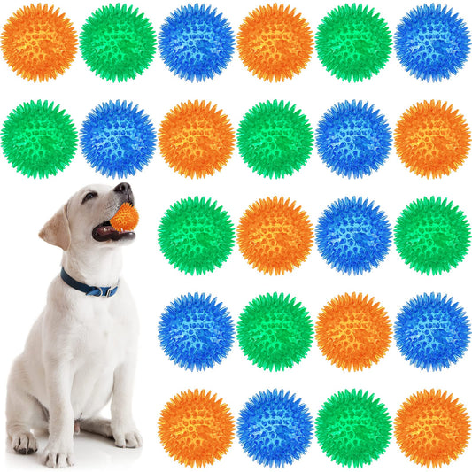 24 Pack Squeaky Dog Toys Balls 2.56'' Spiky Dog Balls Floating Pool TPR Puppy Fetch Chew Toy for Small Medium Doggy Aggressive Chewers Clean Teeth Training(Blue, Green, Orange)
