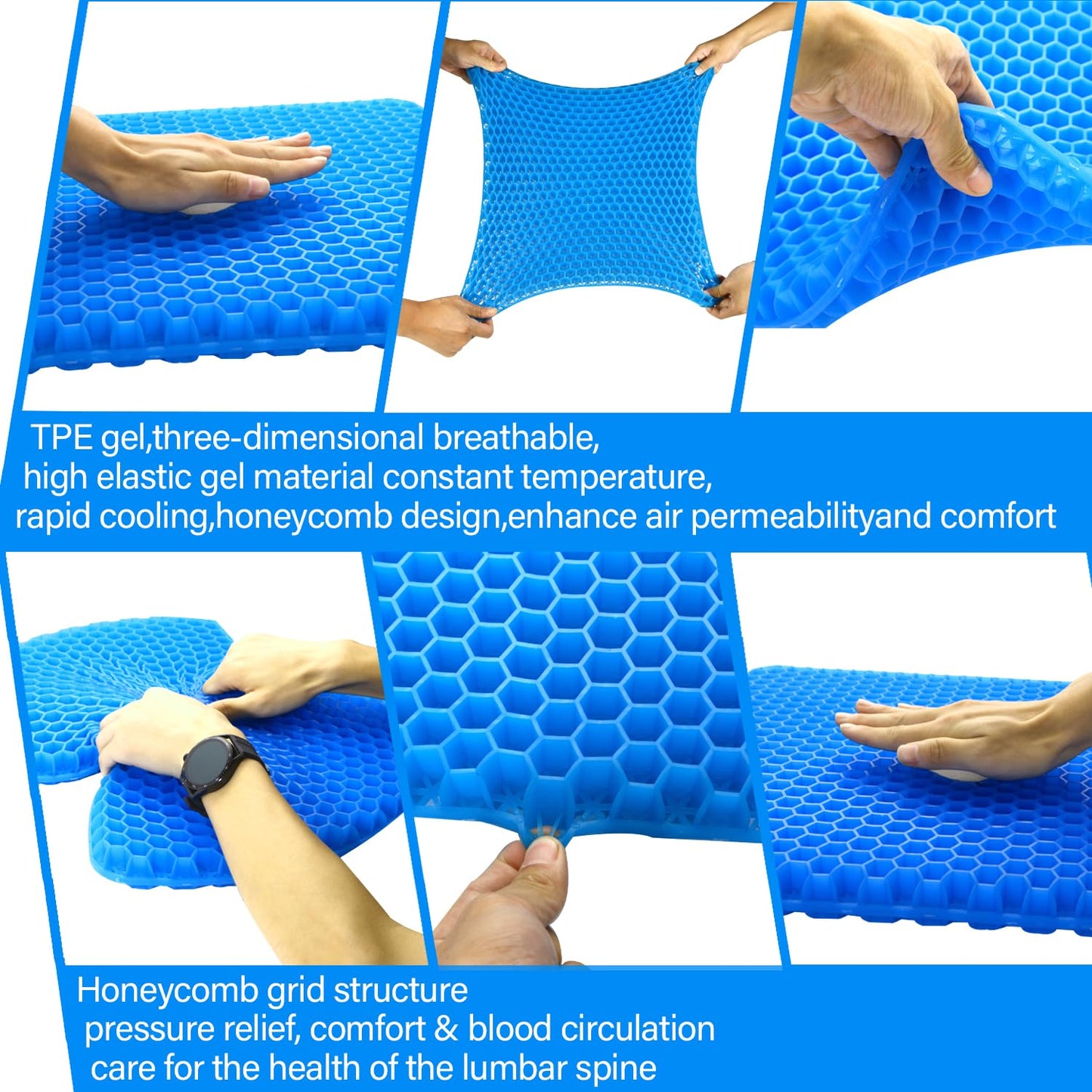 Gel Seat Cushion for Long Sitting,Breathable Double Layer Honeycomb Gel Chair Cushion with Non-Slip Cover for Office Chair,Car,Long Trips & Wheelchair,Seat Pad for Relieve Pain (Blue-45×45cm)
