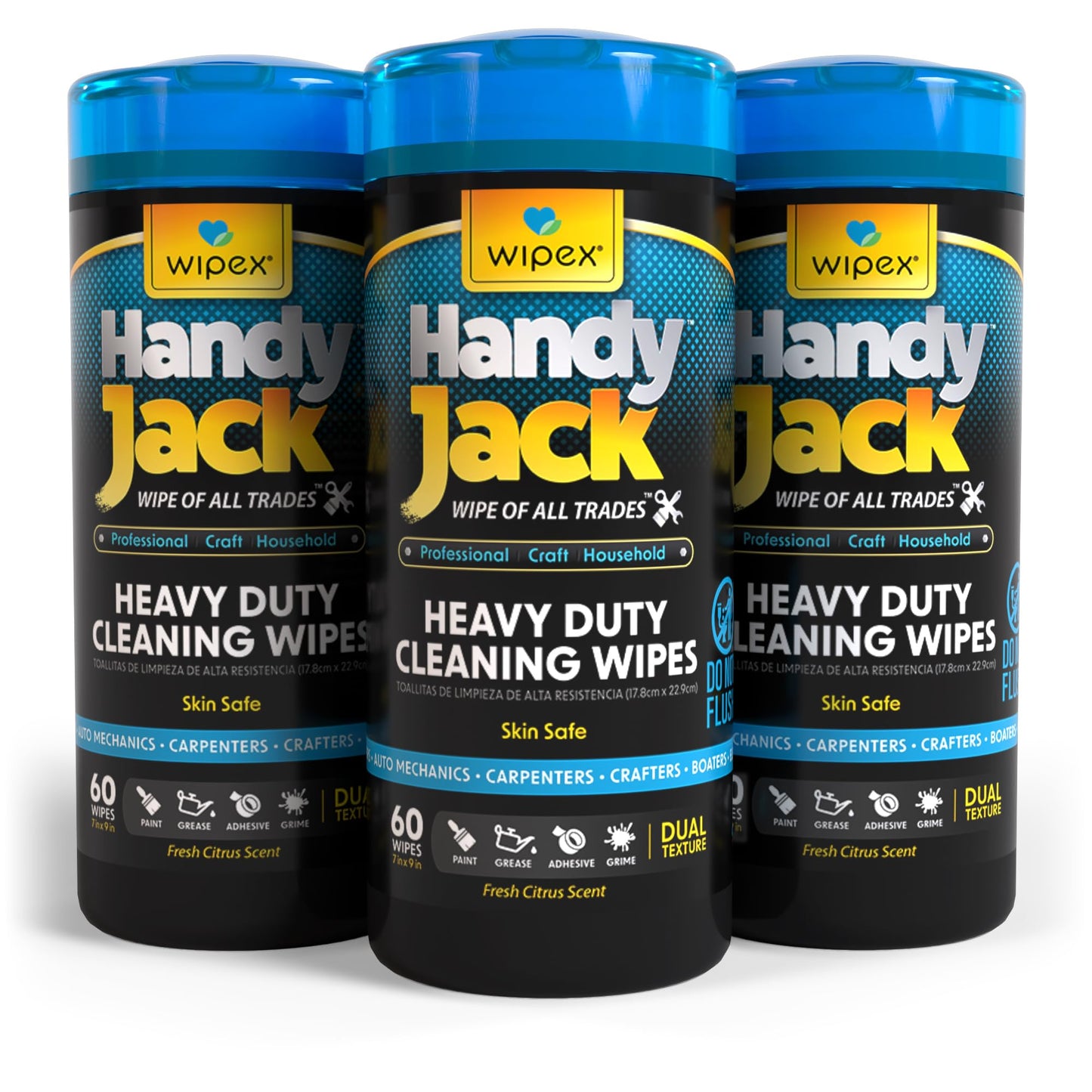 Wipex Handy Jack Heavy Duty Wipes, Dual Texture Cleaning Cloth – Used for Hands, Equipment, Tools, Garden, Automotive, Easily Removes Paint, Oil, Grease, & Dirt, 60 Count (Pack of 3)