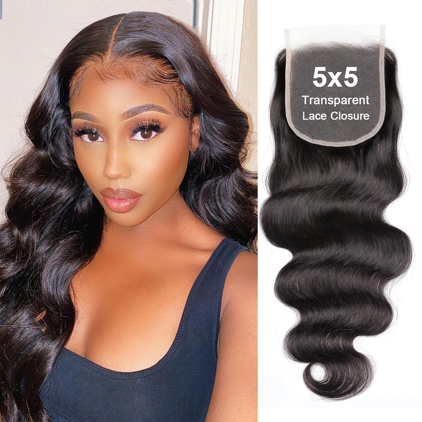 5x5 Inch Clear HD Lace Closure Body Wave Invisible Ultra Thin 5x5 Brazilian Virgin Human Hair Pre Plucked Natural Black 16 Inch