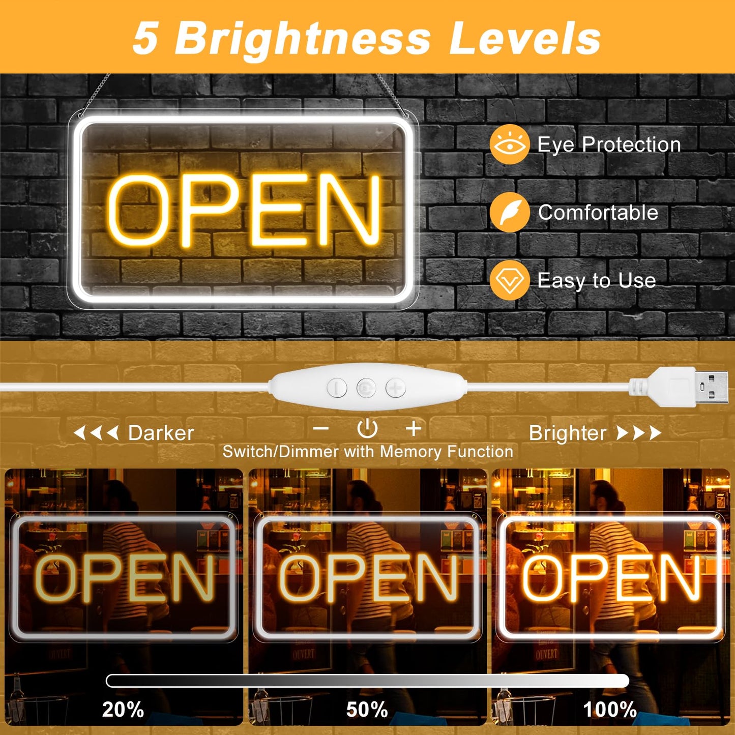 Neon Open Sign 16"x 9", Dimmable LED Open Signs for Business, Ultra Bright USB Powered Open Sign with On/Off Switch, Adjustable Brightness, for Window Stores Restaurants Offices Wall Bar Cafe