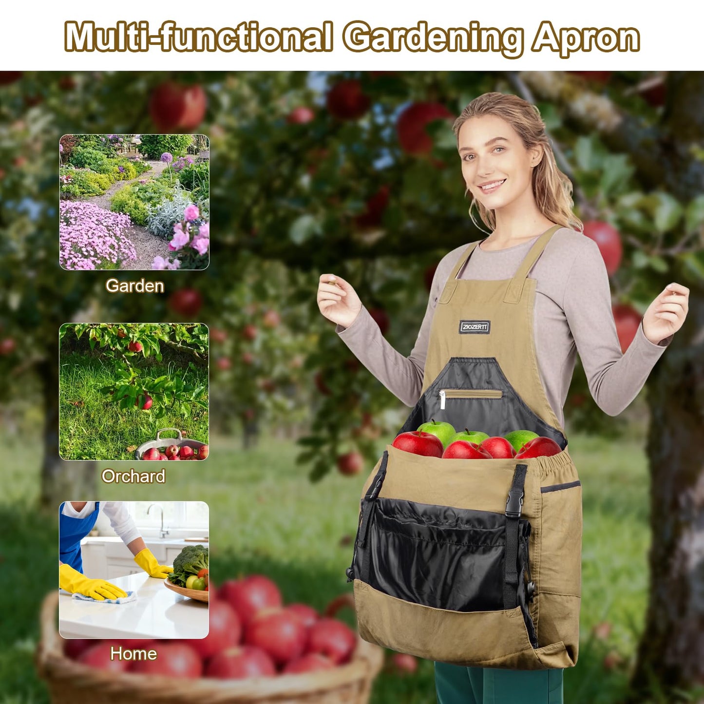Garden Apron,Harvest Apron with Drawstring Bag and Pockets for Women and Men,Canvas Gardening Tool Belt, Gardening Gifts for Mom,Dad,Brown