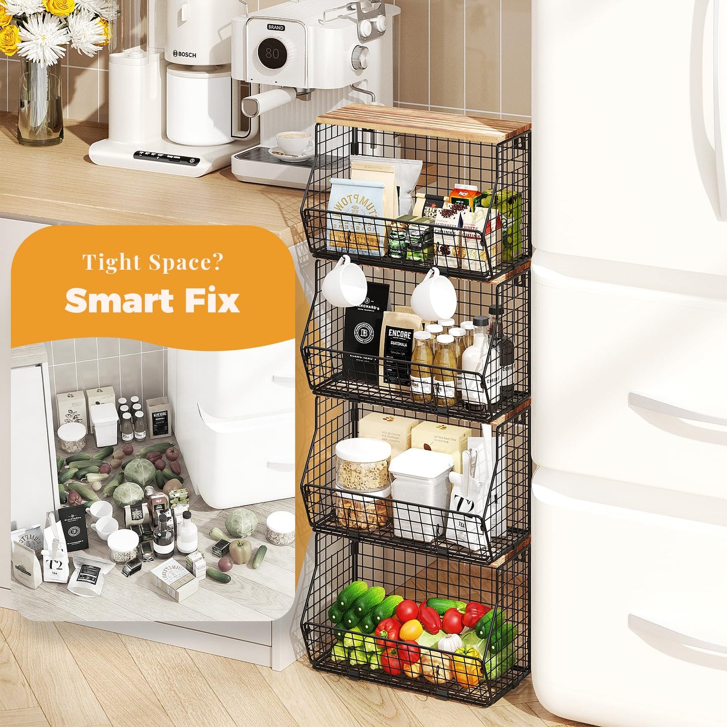 SUNALLY Hanging Fruit Basket for Kitchen Counter Organizing Wire Wall Mounted Baskets Under Cabinet Fruit and Vegetable Produce Storage Organizer Wood Lid Potato and Onion Holder with Hooks, 2 Pack