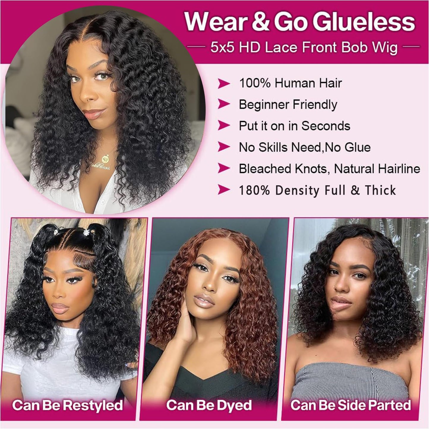 Curly Bob Wig Human Hair Wear and Go Glueless Bob Wigs Human Hair Pre Plucked Pre Cut 5x5 HD Lace Closure Deep Curly Wave Wigs for Black Women 180 Density Natural Color 12 Inch