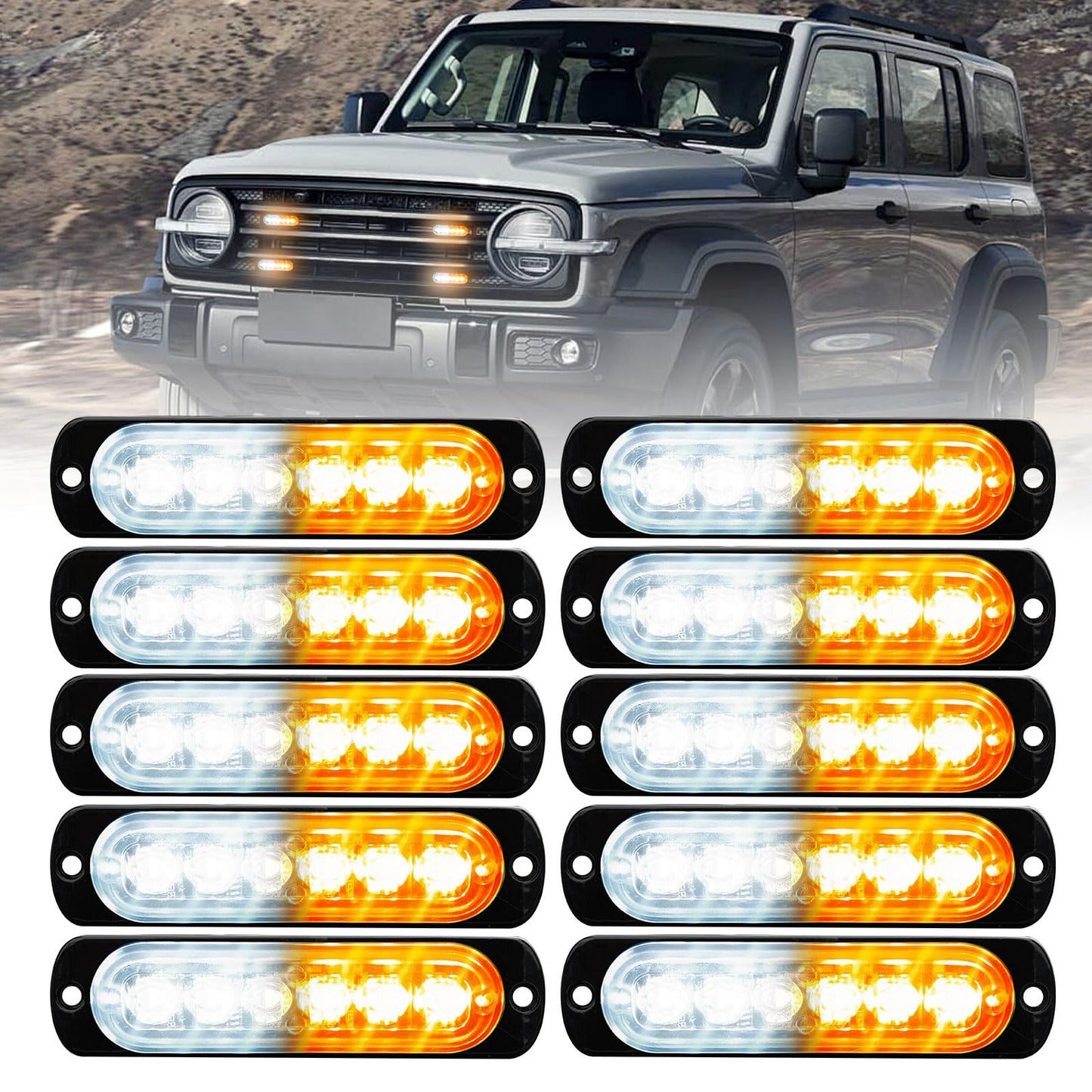 EEEKit LED Emergency Strobe Lights, Universal 10Pack 6LED Strobe Warning Emergency Flashing Light Surface Mount Amber/White Emergency Warning Hazard Strobe Light Bar for Off Road Vehicle Truck ATV SUV