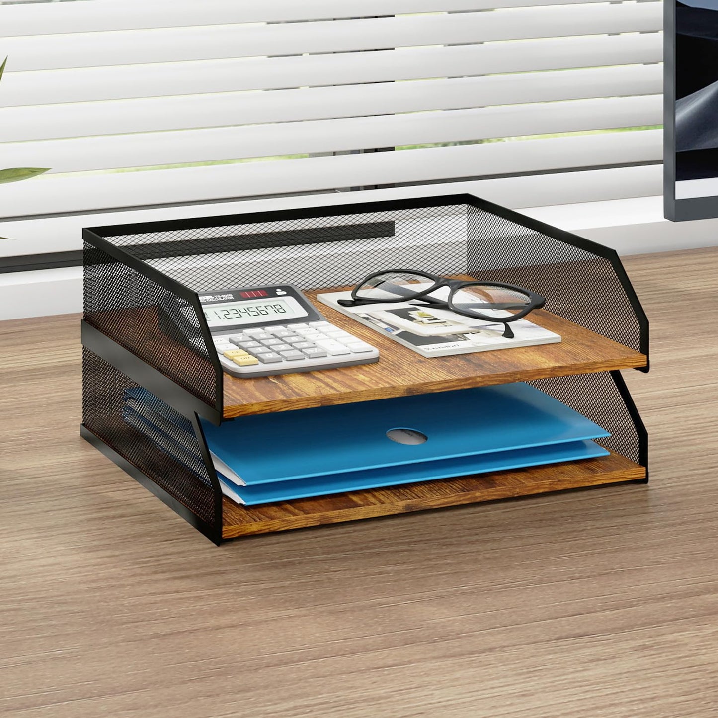 Natwind 2-Tier Wooden Stackable Paper Tray, Metal Mesh Desktop Organizer, Paper Sorter, Letter Trays,File Document Storage Rack for for Home, Office, School (Retro)