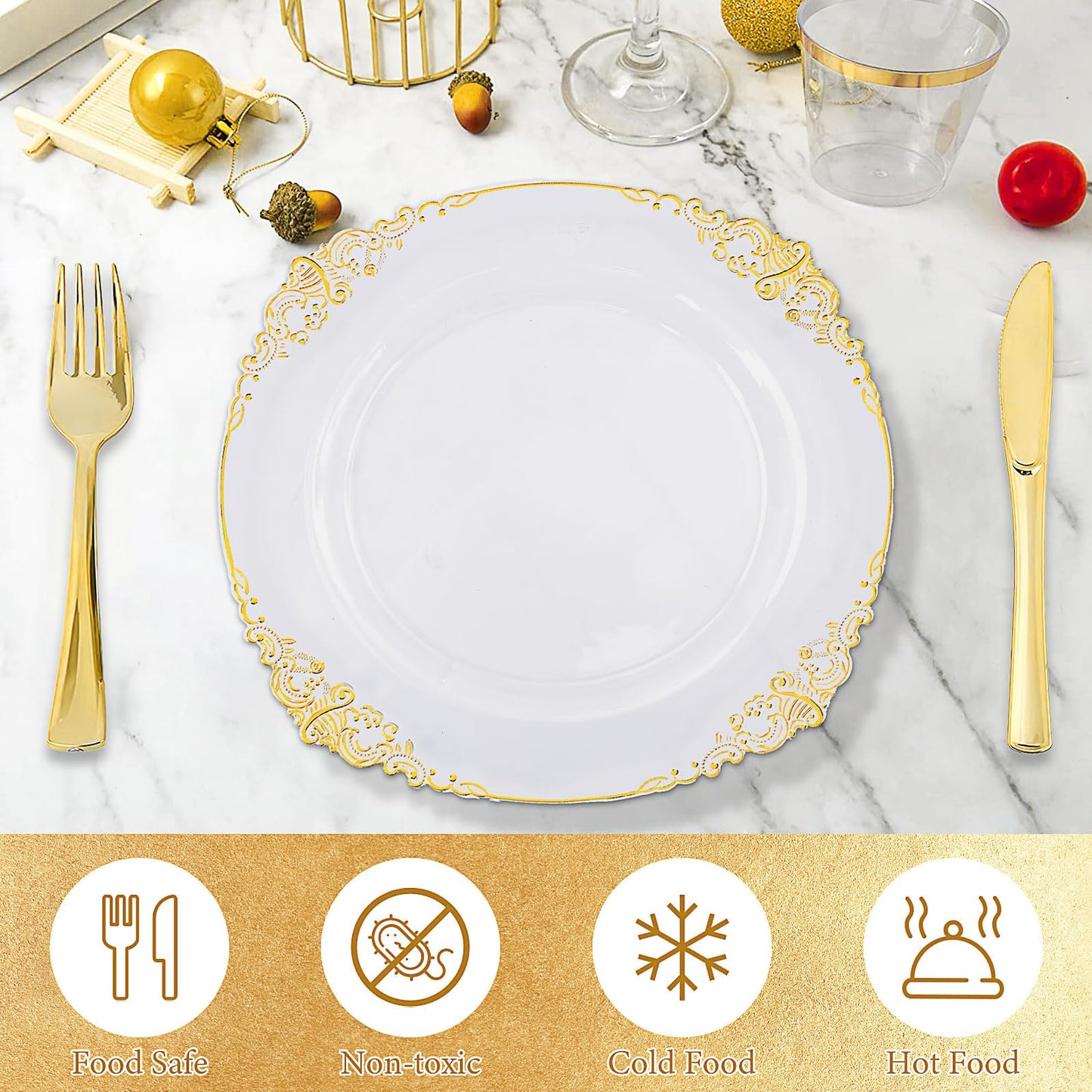50 Pcs Plastic Plates Plastic Dinner Plates with Gold Rim 10.25 Inch Disposable Party Plates for Weddings Upscale Parties Thanksgiving Tableware (Transparent Gold)