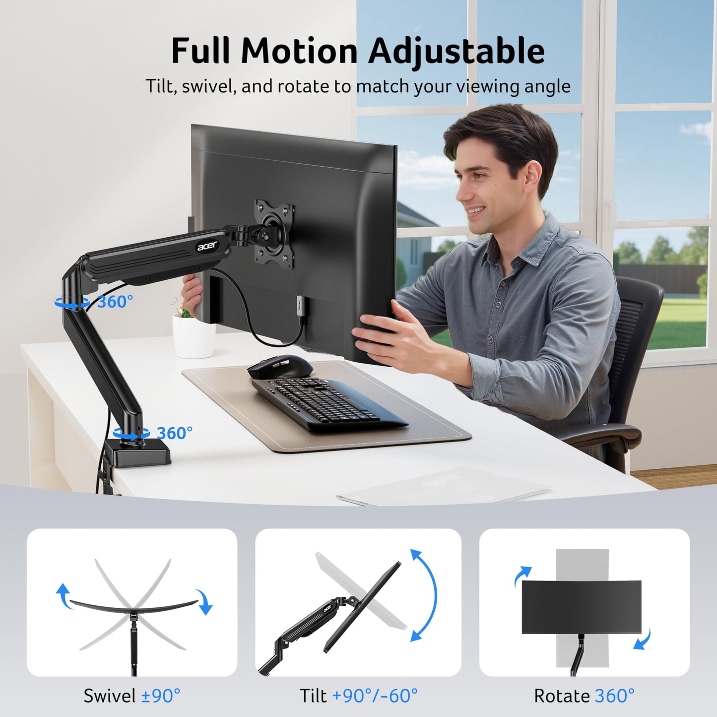 Acer Single Monitor Arm, 17 to 34 Inch Gas Spring Monitor Stand, Adjustable Desk Mount with VESA 75/100mm, C-Clamp/Grommet Base for 4.4 to 19.8lbs LCD Monitor