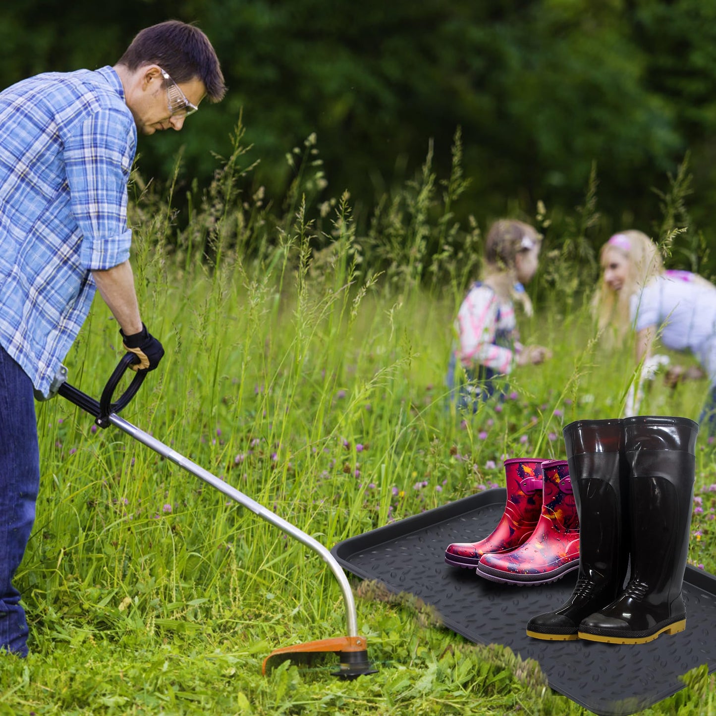 Boot Tray -2 Pack Large and Multifunctional Shoe Tray for Entryway, Stylish Boot Mat for Outdoor/Indoor Use, Durable and Easy to Clean with Boot Scraper Design, 27.95 x 15.8 x 1.2 Inches (Black)