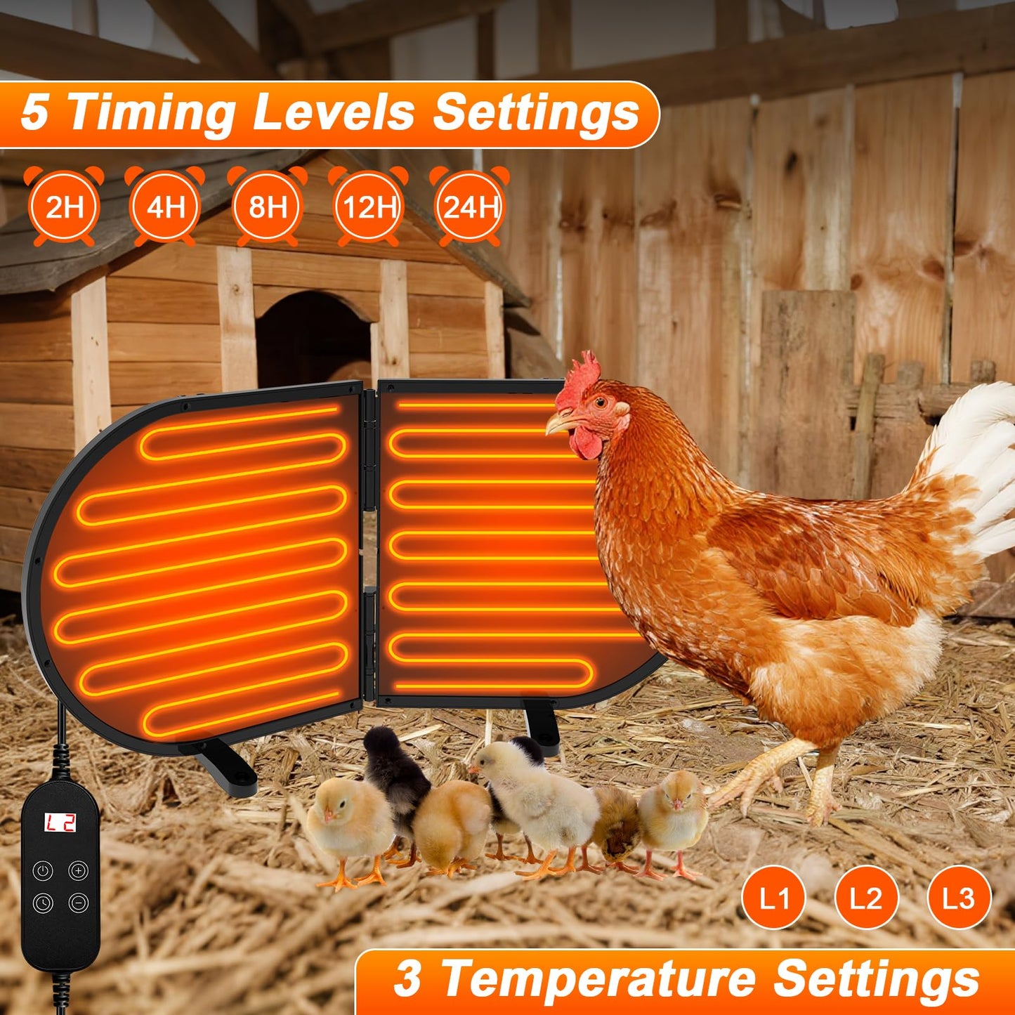 Alpcouts Chicken Coop Heater for Winter, Foldable Flat-Panel Radiant Heater for Chicken Coop with Timer & Temp Adjustable, Smart Large Chick Heaters with 2 Heating Plates for Chick Kitten Pet Animal.