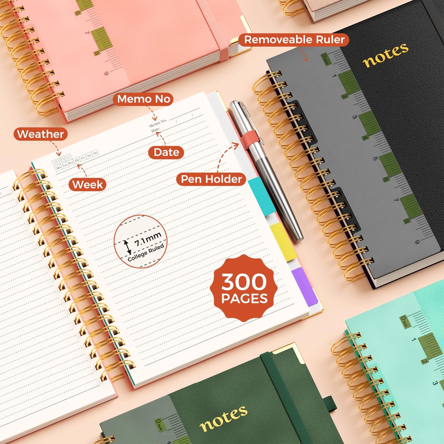 XYark Line Hardcover Spiral Notebook with Removable Dividers Tabs & Ruler, 5 Subject Notebook College Ruled, 300 Page, Large 8"x10" B5 Notebooks for Work School, Lined Journal for Women & Men, Black