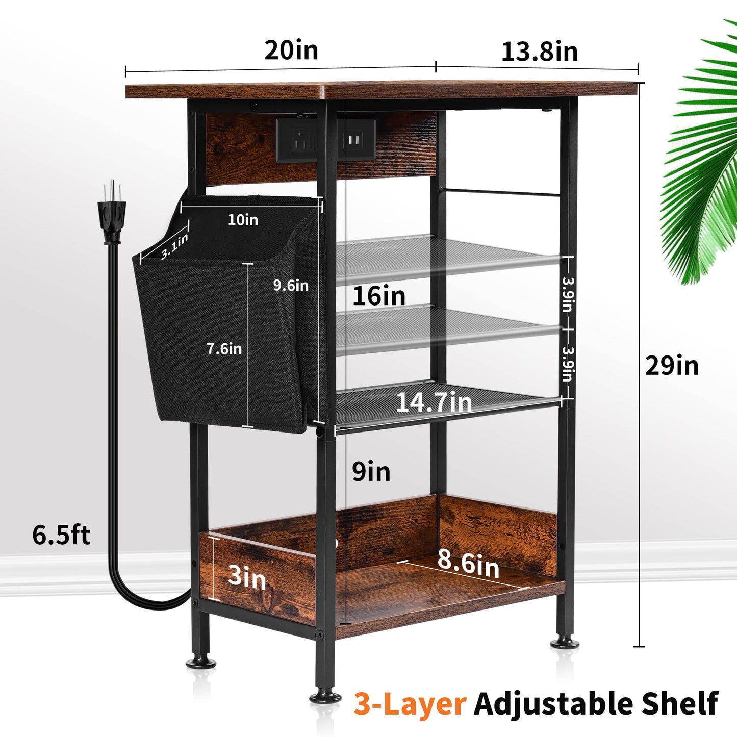 3-Tier Printer Stand with Storage - Movable Printer Table with Wheels - Printer Cart with Charging Station Adjustbale End Table for Home Office, Kitchen, Rustic Brown