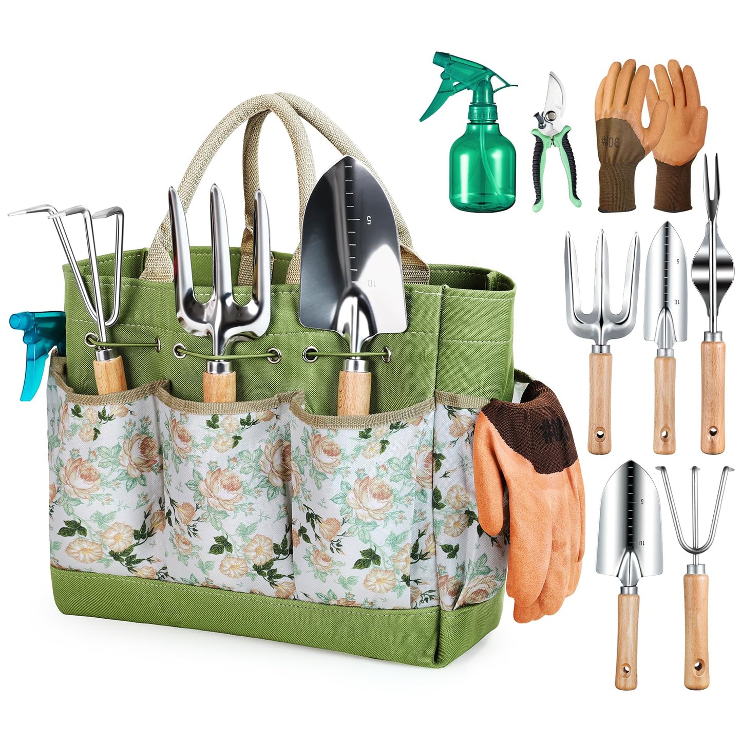 Grenebo Garden Tools 9-Piece Heavy Duty Gardening Tools with Pruning Shears & Large Garden Tote, Rust-Proof Tools Set for Gardening, Ideal Gardening Gifts for Women & Birthday Gifts for Mom