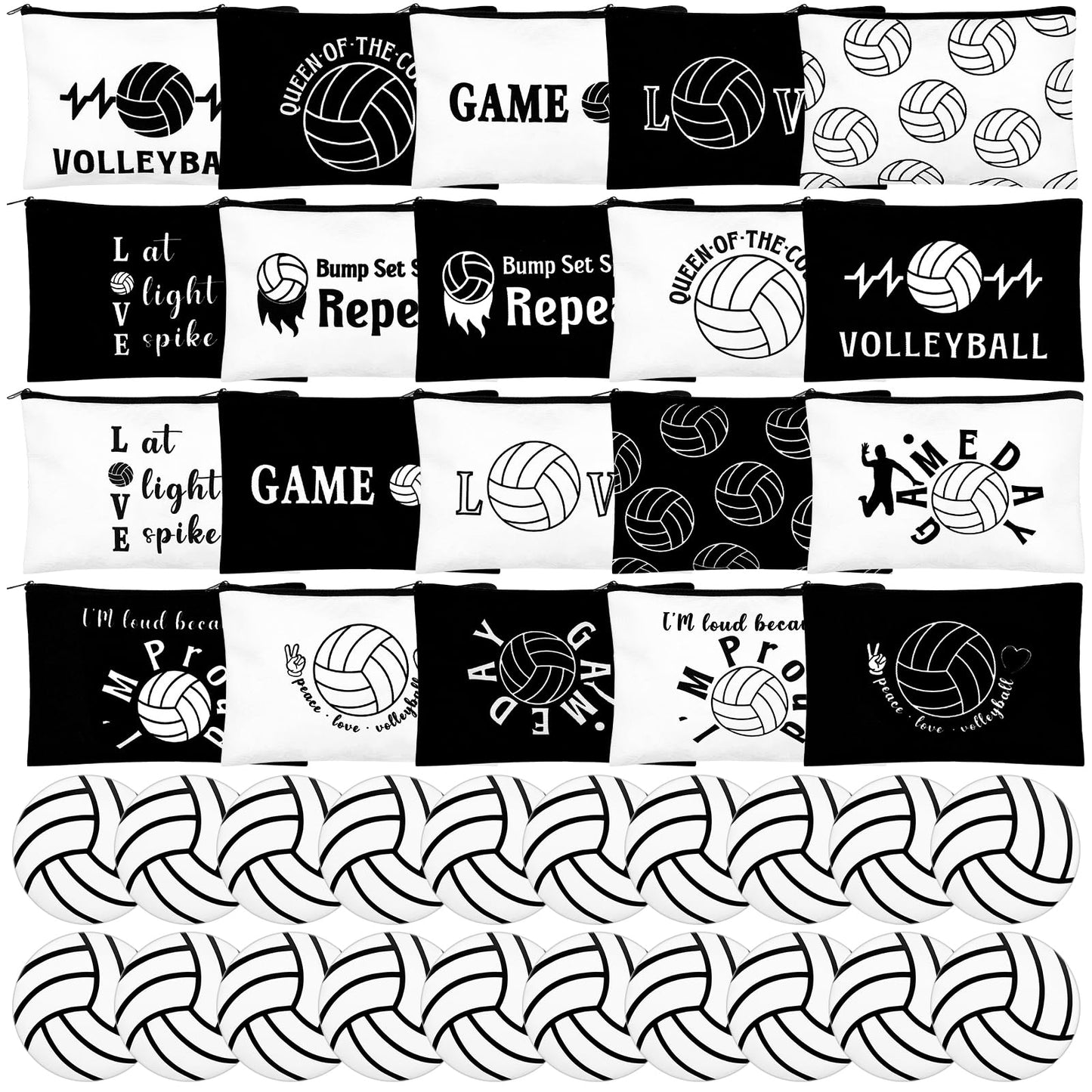40 Pcs Volleyball Gifts 20 Volleyball Cosmetic Bags 20 Volleyball Compact Mirrors, Travel Pouches Black and White 2.76" Round Makeup Mirrors Women Volleyball Stuff Gifts Volleyball Players Teams,