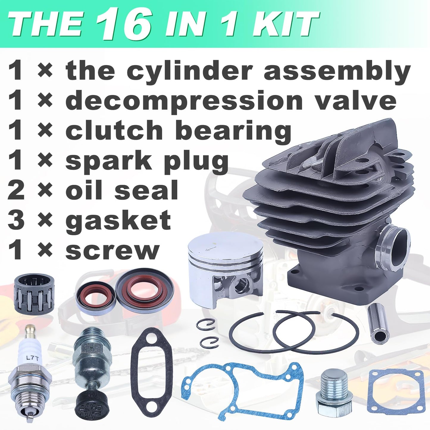 Adefol Cylinder Piston Kit for Stihl 026 MS260 Series Chainsaw, Nikasil 44.7mm Cylinder Kit + Piston + Gaskets + Oil Seals + Spark Plug + Decompression Valve Spare Parts Kit 16 in 1# 1121 020 1217