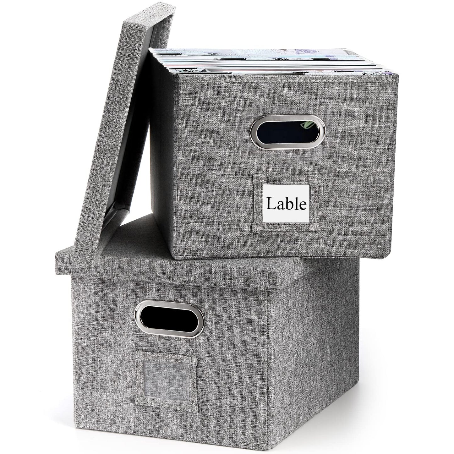 Hedume Set of 2 File Organizer Box, Collapsible Linen Filing Cabinets, Decorative Linen Filing Storage Hanging File Folders with Lids and Durable MDF Board, Space Saving File Folder Storage