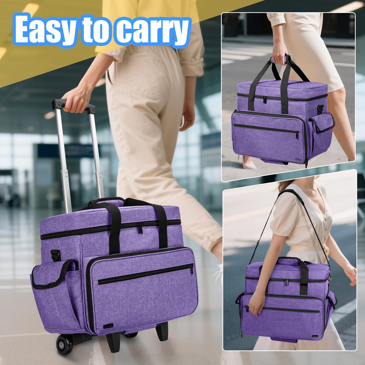 Teamoy Rolling Scrapbook Tote with Detachable Wheels, Rolling Craft Bag with Bottom Wooden Pad, Scrapbook Storage Bag for Women, Purple