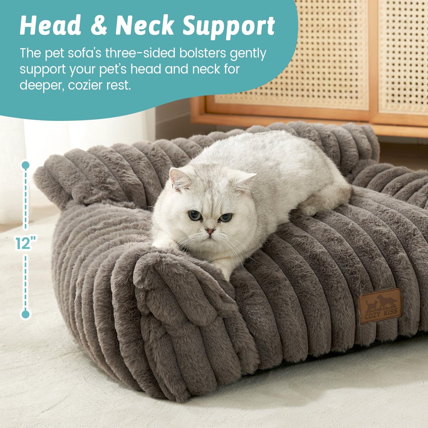 COZY KISS Cat Beds for Indoor Cats, Fluffy Cat Couch and Premium Faux Rabbit Fur Sofa Bed for Cats and Small Dogs, Ultra-Soft Supportive Pet Couch Furniture, 65x45 cm (Grey, Small)