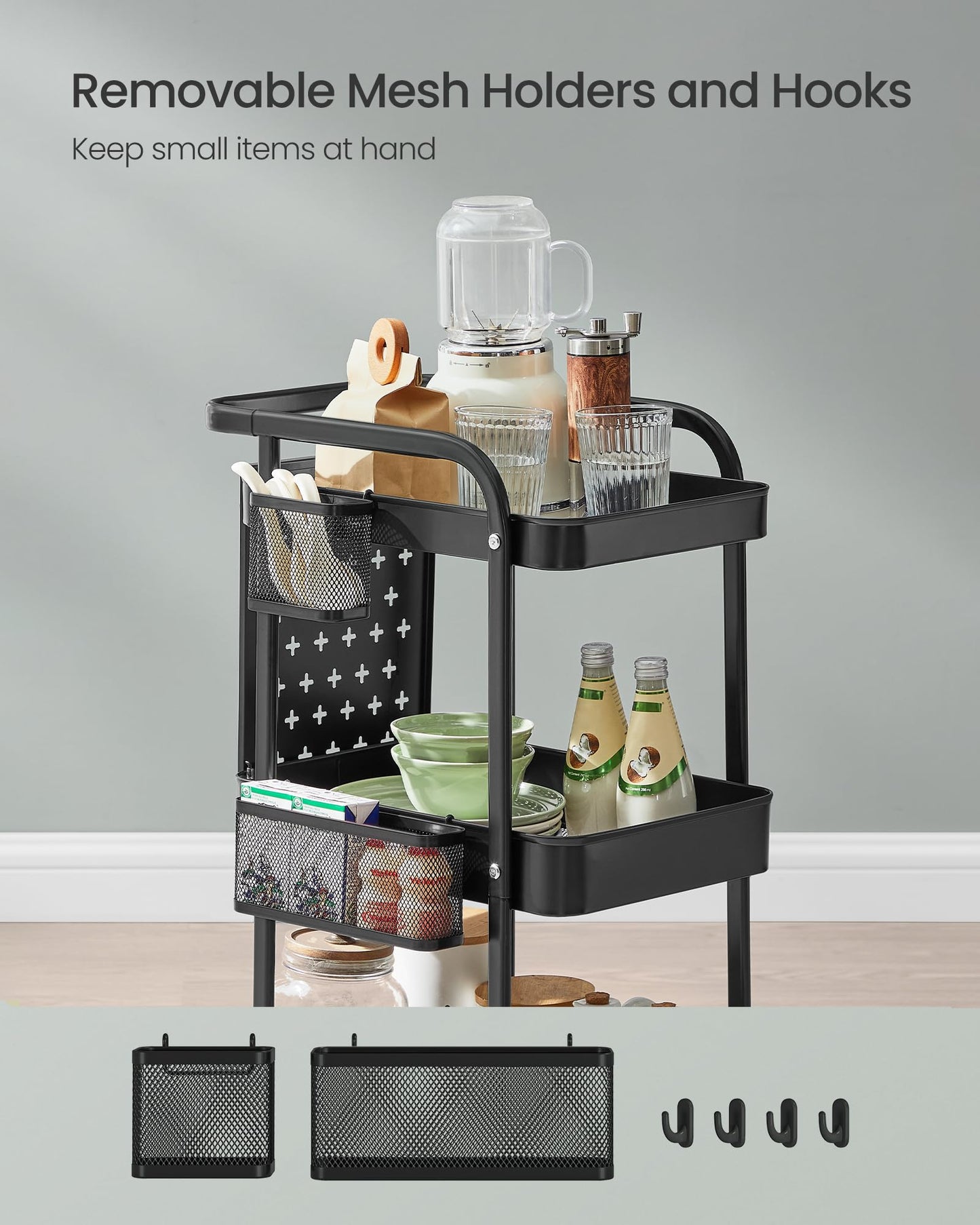 SONGMICS 3-Tier Storage Cart, Rolling Utility Cart, Metal Mesh Shelves, 2 Removable Pegboards, 2 Hanging Holders, 4 Hooks, Craft Cart for Living Room, Kitchen, Office, Bathroom, Ink Black ULRC037B01