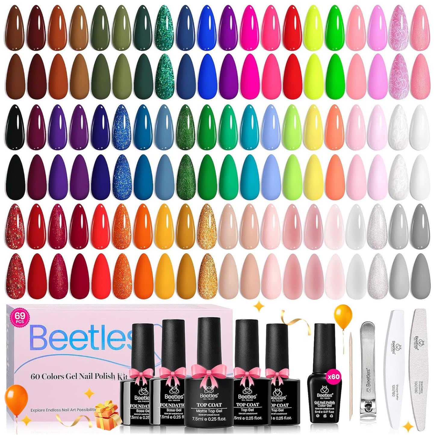 Beetles Gel Nail Polish Set, 69 PCS 60 Colors Spring Gel Nail Polish Kit Neno Pastel Jelly Glitter Nude Pink White Red Blue Green Brown Base Coat Glossy Matte Top Coat Gel Gift for Women