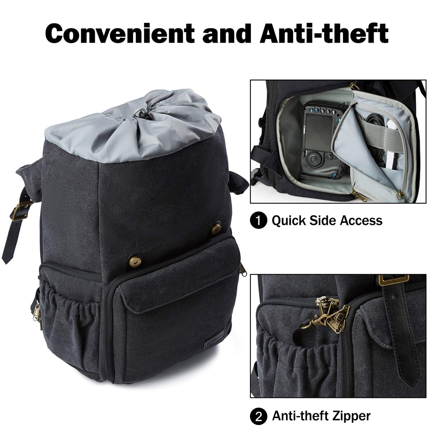 Camera Backpack, BAGSMART Camera Bag Anti-Theft DSLR SLR Canvas Backpack Fit up to 15" Laptop with Rain Cover, Tripod Holder for Women and Men,Black
