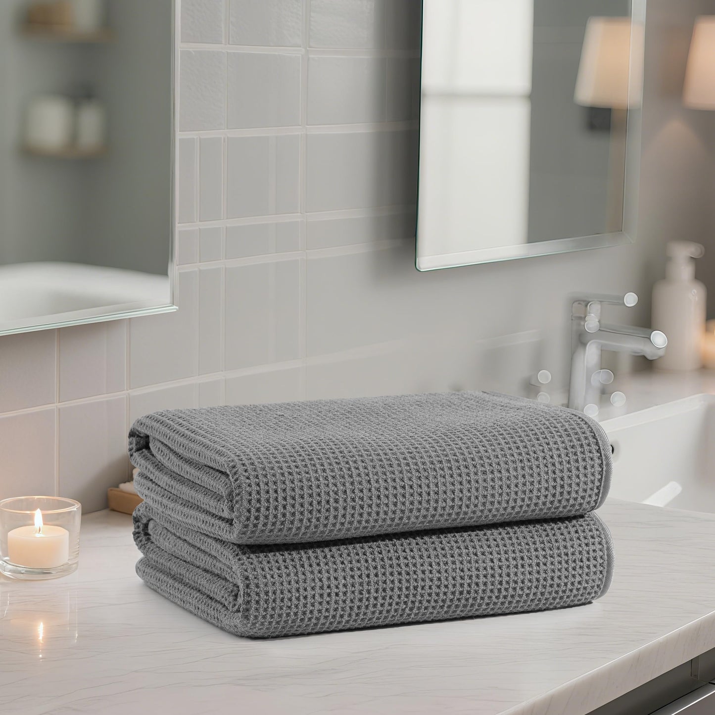 POLYTE 380 GSM Microfiber Oversize Quick Dry Lint Free Bath Towel, 60 x 30 in, Set of 2 (Waffle Weave)