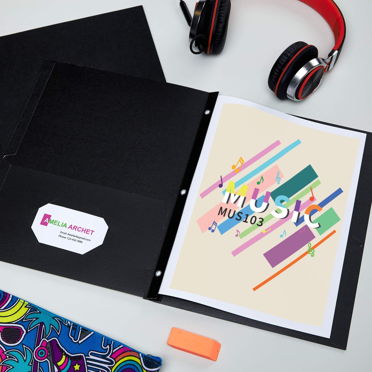 Two Pocket Folders with Fastener, Black, Paper