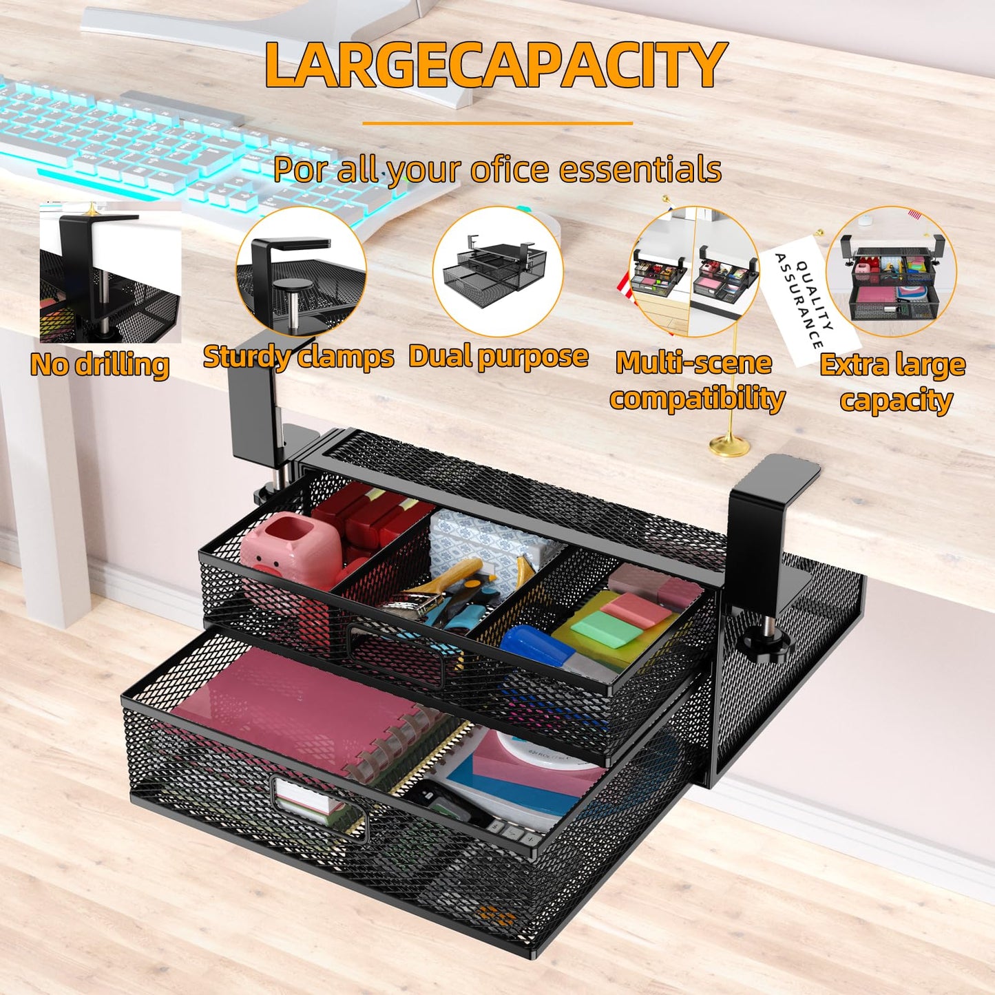 SEYHAKI Under Desk Drawer Organizer No Drilling Under Desk Storage Drawer Organizer Metal Under Desk Drawer Suitable for Home and Office(13 Inch)