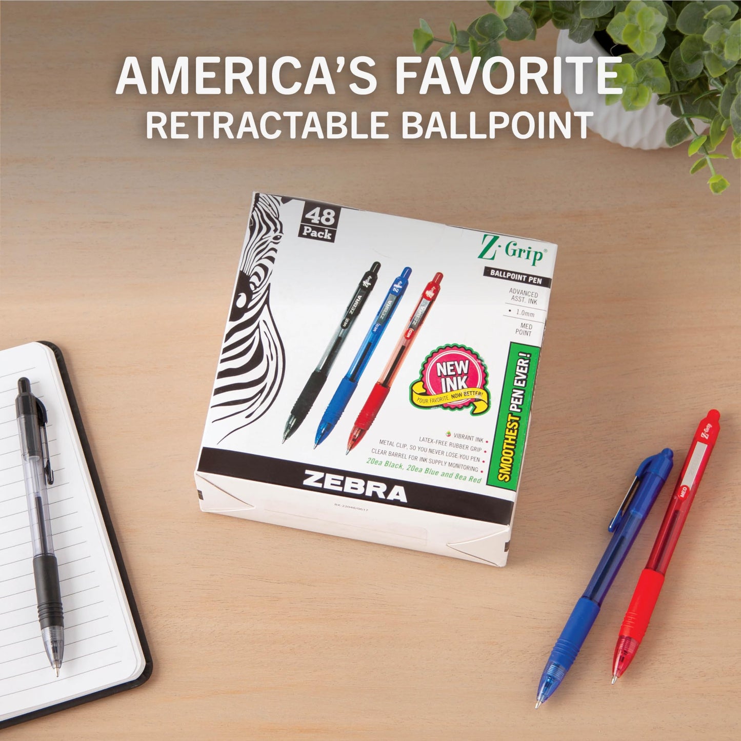 Zebra Pen Z-Grip Retractable Ballpoint Pen, Smooth-Flowing Black/Blue/Red Ink, 1.0mm Medium Point, School & Office Supplies, Ideal for Note-Taking, Journal and Planner Use, 48-Pack (22048)