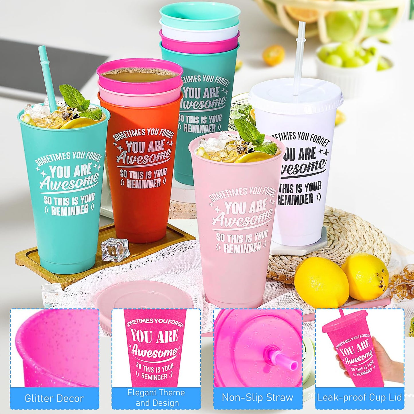 60 Pack Thank You Gifts You are Awesome Coffee Mug 24 oz Plastic Tumblers with Lids and Straw Inspirational Reusable Tumblers Appreciation Gift for Coworker Teacher Colleague Employee