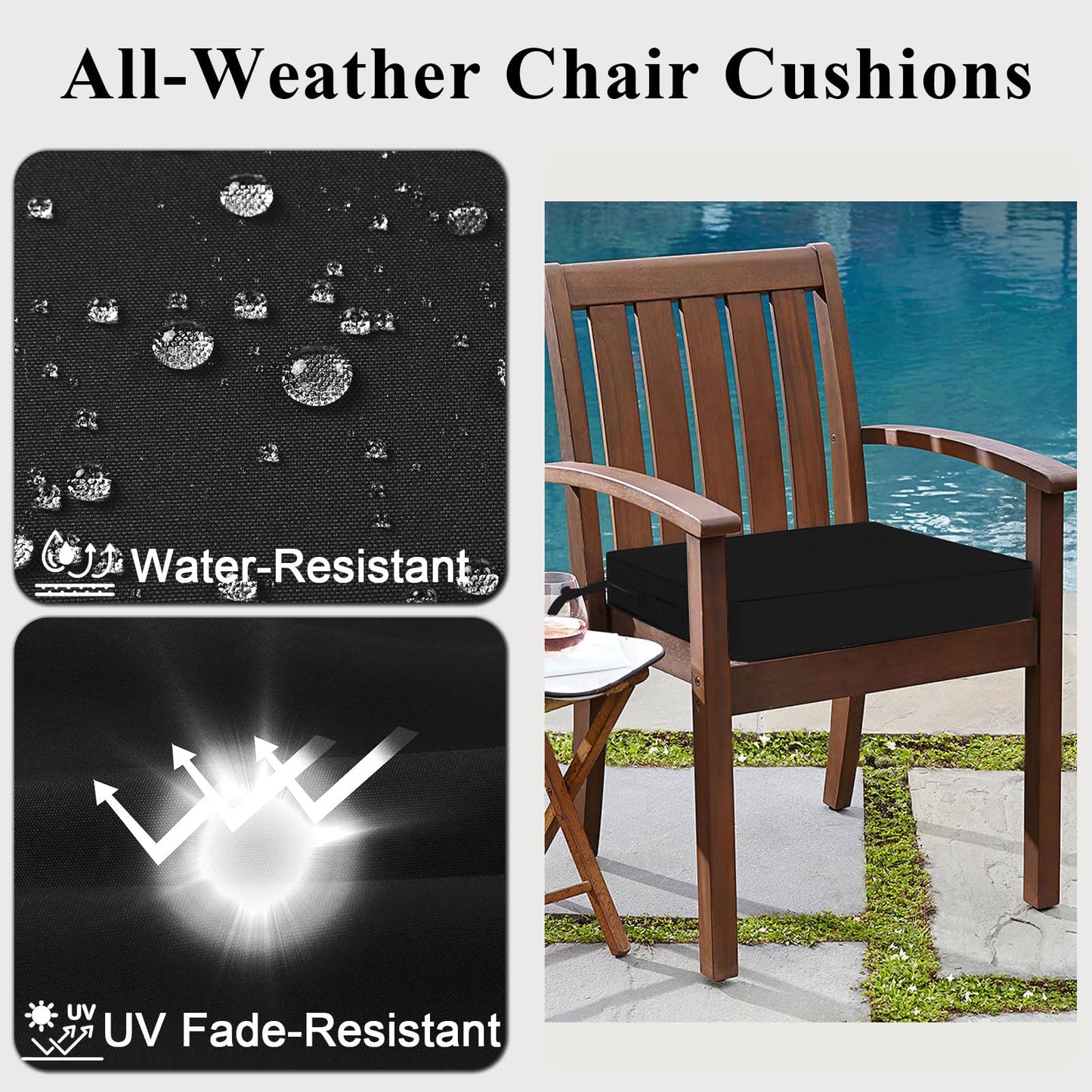 MJIAIDEA Outdoor Chair Cushions Set of 2 for Patio Furniture 19x19x4 Inch Waterproof Patio Chair Cushion 3 Year Color Fastness Square Elastic Foam Garden Couch Pads with Ties and Handle,Black
