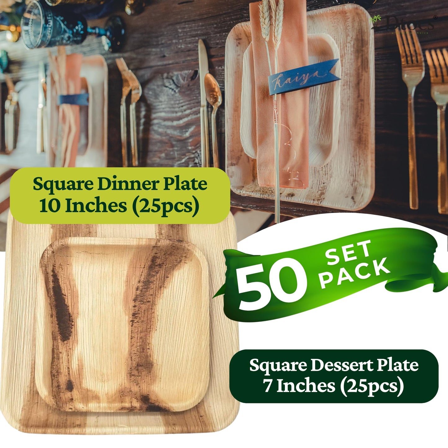 Dtocs Palm Leaf Plates Set (50) – 10" Dinner, 7" Dessert Combo | Bamboo Disposable Look | Party Platter Pack for Holidays, Gifting & Stocking Stuffers | Alternative to Plastic, Wood & Paper Plates