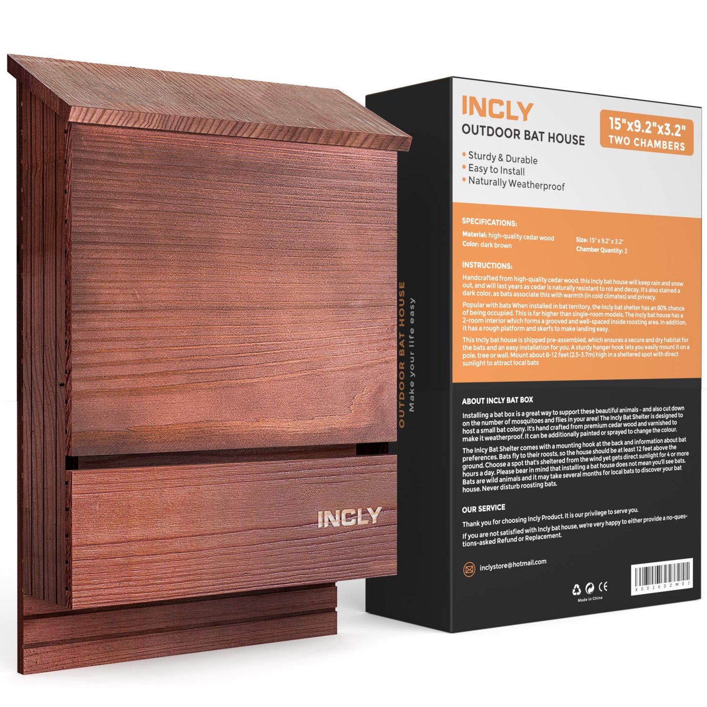 INCLY Bat House,15"x9.2"x3.2" Outdoor Bat Shelter Box kit,Double Chamber Dark Natural Cedar Wood,Weather Resistant,Pre-Finished Easy to Install