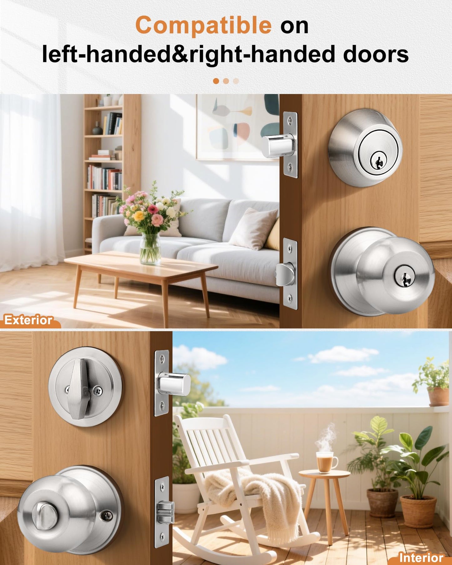 Probrico 2 Sets Front Exterior Door Knob Set with Single Cylinder Deadbolts Satin Nickel,Round Entry Door Knobs with Dead Bolts Combo Pack, Keyed Alike Door Hardware, Contractor Pack