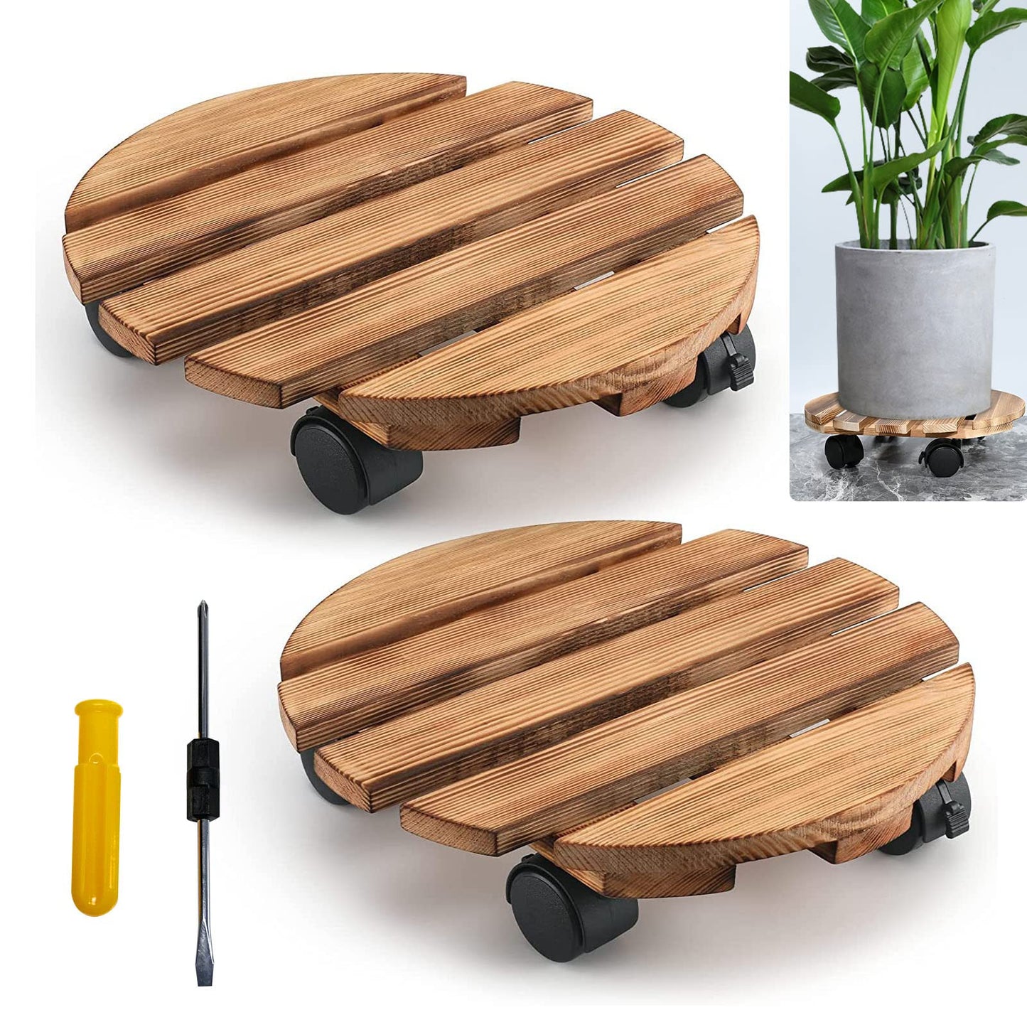 UOIENRT 2 Pcs Plant Caddy with Wheels, Round Rolling Plant Stand Pallet, Solid Heavy Duty Indoor Outdoor Plant Stand, Rolling Flower Poet Mover with Lockable Roller Base, 12" x 12" (30 cm x 30 cm)