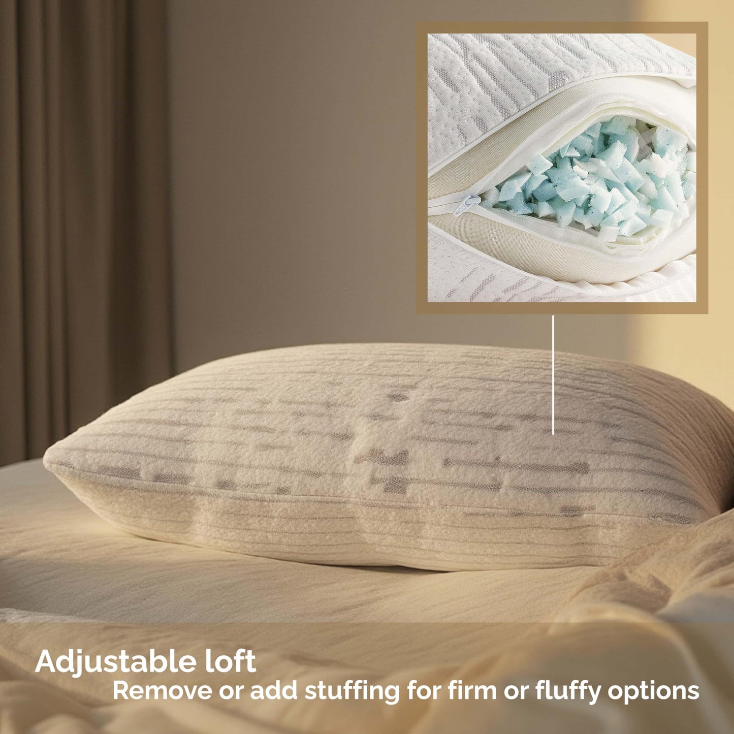 Clara Clark Bamboo Foam Pillows 2-Pack – Shredded Memory Foam Bed Pillow All Side Sleeper Adjustable Loft Pillows – Cooling Velvet Soft Rayon Bamboo Removable Cover – Hypoallergenic – King/Cal King