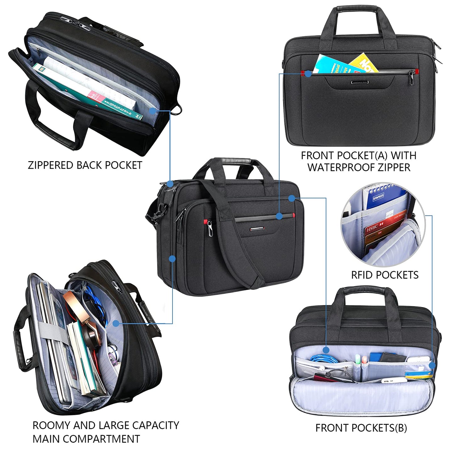 VANKEAN Laptop Bag Premium Laptop Case Business Briefcase Fits Up to 17.3 Inch Laptop Expandable Water-Repellent Shoulder Messenger Bag for Men/Women Computer Bag for Travel/Business/School-Black